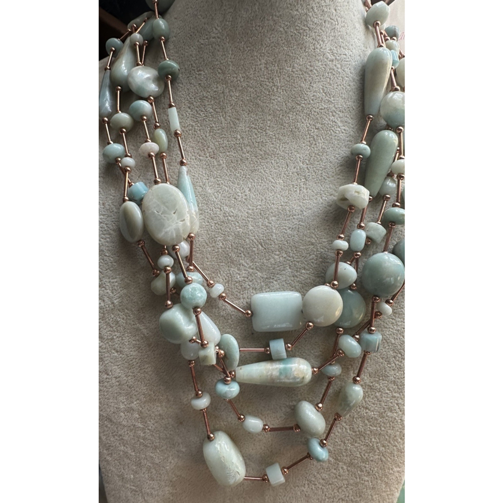 Real Amazonite Gem Stone Lg. Bead Green Aqua Copper Multi Strand Necklace